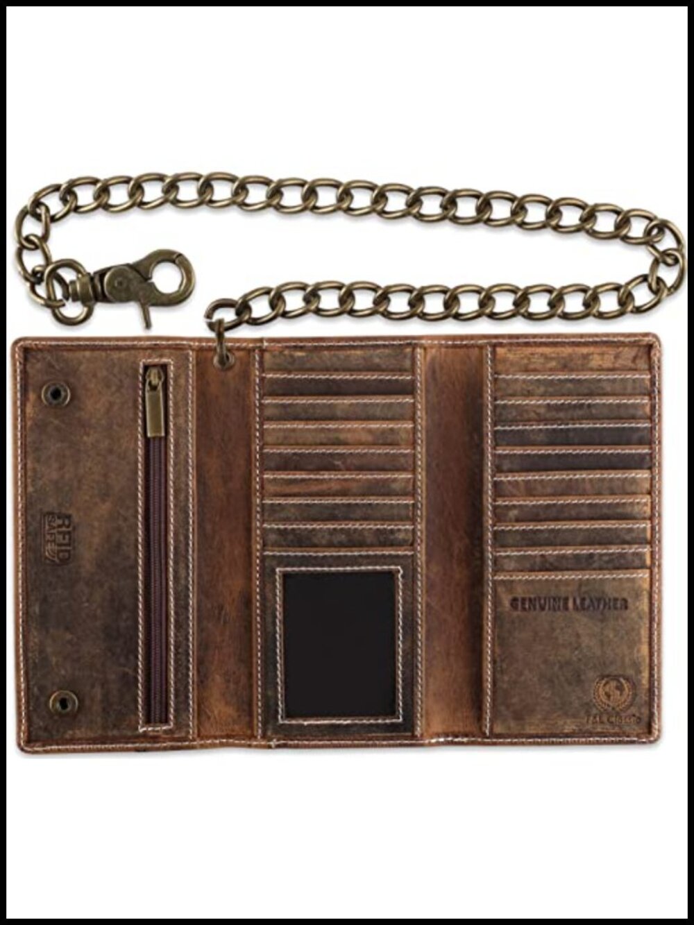 Premium Buffalo Leather RFID Blocking Chain Wallet Tri-Fold with 16 Slots
